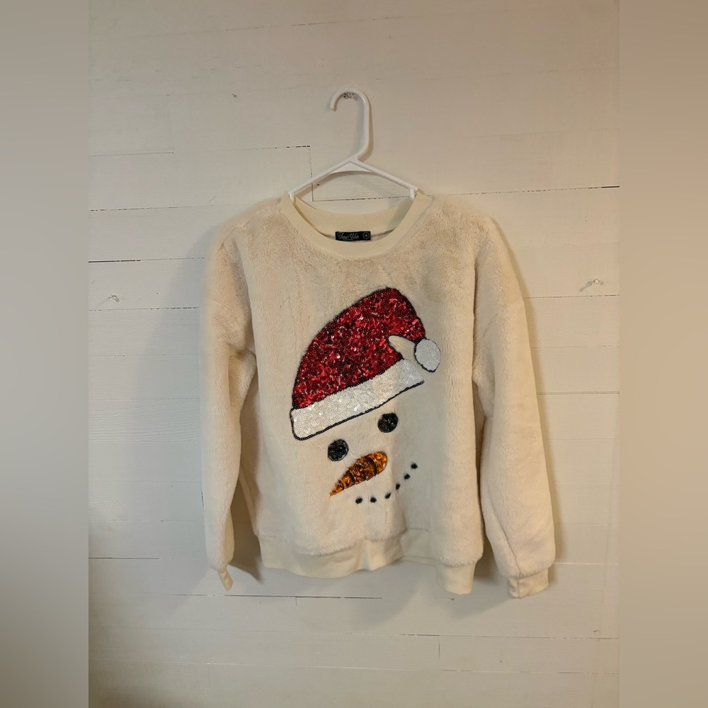 Third Wish Snowman Sequin Faux Fur Sweatshirt Medium Holiday